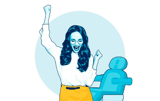 An illustration depicting an office team member excited that she was able to save time on plan management through automated processes. She&#039;s smiling and dancing with her hand in the air.